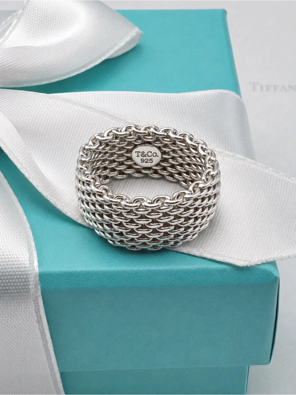 Tiffany & Co. Somerset Mesh Ring Band Sterling Silver 925 Size 5 Gift Box Pouch - Picture 4 of 8